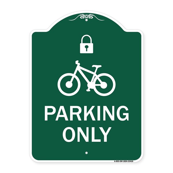 Parking With Cycle and Lock, Green & White Aluminum Architectural Sign, 18" x 24", GW-1824-23410